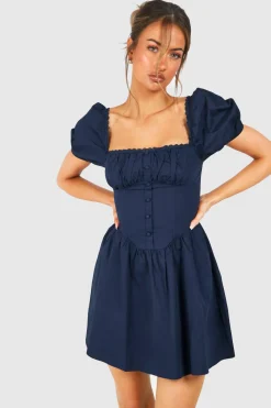 boohoo Robe mini en coton ruché à manches bouffantes type fermière<Femme Robes Patineuses|Robes