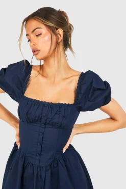 boohoo Robe mini en coton ruché à manches bouffantes type fermière<Femme Robes Patineuses|Robes