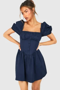 boohoo Robe mini en coton ruché à manches bouffantes type fermière<Femme Robes Patineuses|Robes