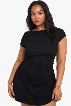 Robe mini en côtes Plus à manches cap et effet froncé