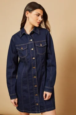 Robe Mini en Denim Ajustée à Manches Longues