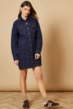 Robe Mini en Denim Ajustée à Manches Longues