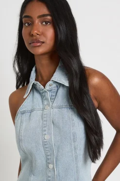 Robe Mini En Denim Cintrée À Encolure Américaine Et Boutonnage Devant