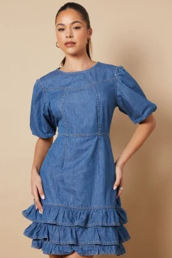 Robe Mini en Denim à Détail Manches Courtes Bouffantes