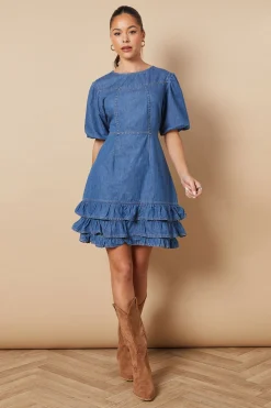 Robe Mini en Denim à Détail Manches Courtes Bouffantes