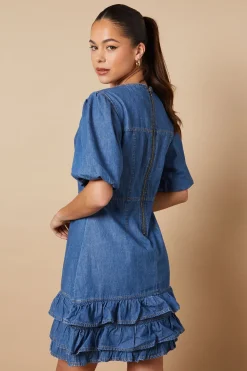 Robe Mini en Denim à Détail Manches Courtes Bouffantes