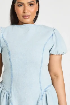 boohoo Robe Mini En Denim À Manches Bouffantes Grande Taille<Femme Robes Babydoll|Denim