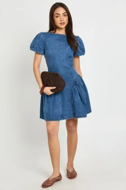 Robe Mini En Denim À Manches Bouffantes