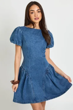 Robe Mini En Denim À Manches Bouffantes