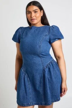 Robe Mini En Denim À Manches Bouffantes Grande Taille