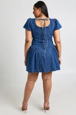 Robe Mini En Denim À Manches Bouffantes Grande Taille