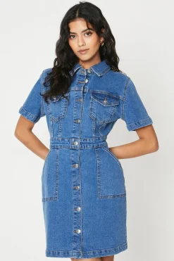 Robe Mini en Denim à Manches Courtes Petite Taille