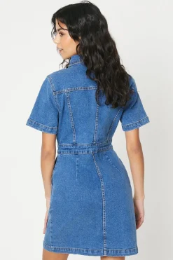 Robe Mini en Denim à Manches Courtes Petite Taille