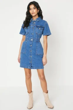 Robe Mini en Denim à Manches Courtes Petite Taille