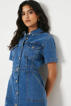 Robe Mini en Denim à Manches Courtes Petite Taille
