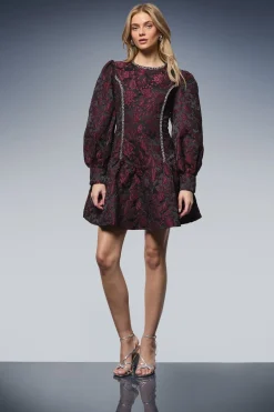 Robe Mini en Jacquard à Finitions Ornementées