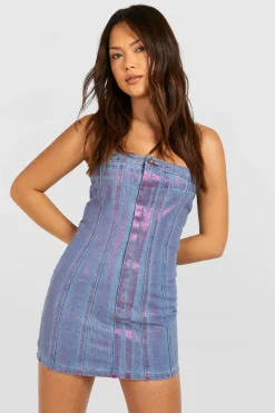 Robe Mini en Jean à Bandeau Métallisé Rose