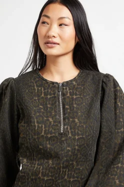Robe Mini en Jean à Imprimé Léopard avec Zip Devant - Taille Petite