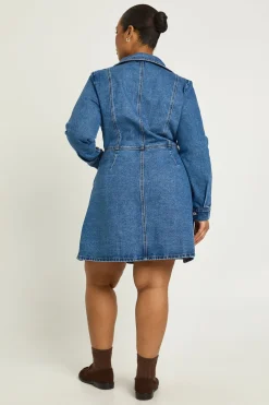 Robe Mini en Jean à Manches Longues avec Col et Boutonnage Taille Plus