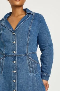 Robe Mini en Jean à Manches Longues avec Col et Boutonnage Taille Plus