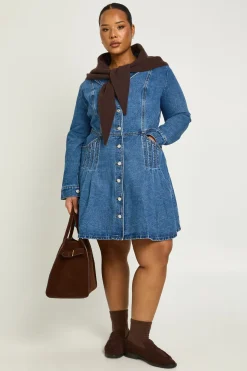 Robe Mini en Jean à Manches Longues avec Col et Boutonnage Taille Plus