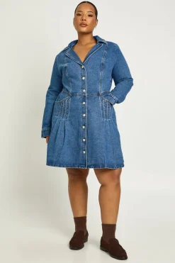 Robe Mini en Jean à Manches Longues avec Col et Boutonnage Taille Plus