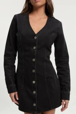 Robe Mini En Jean À Manches Longues Évasée