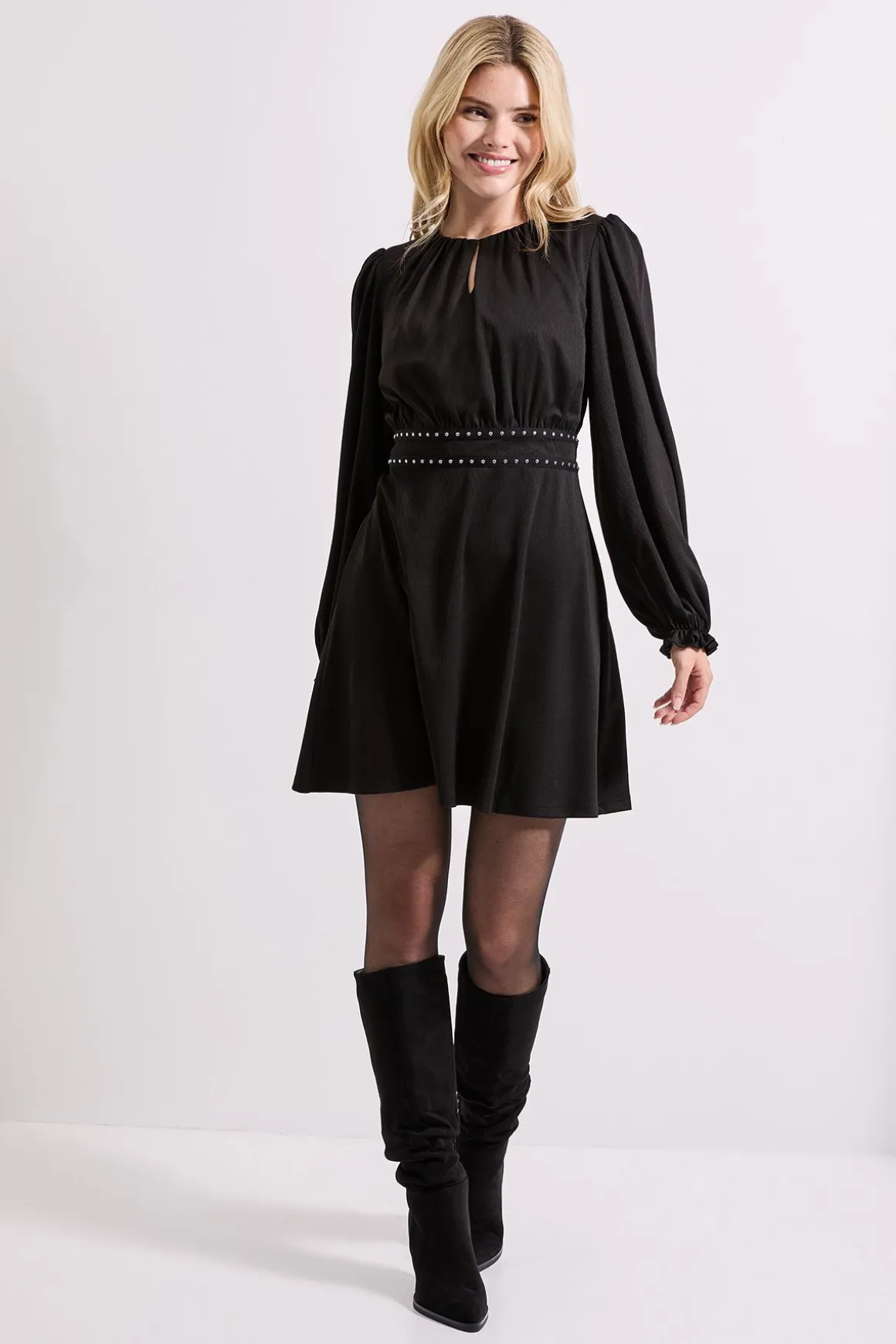 Robe Mini en Jersey avec Détail Clouté à la Taille
