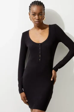 Robe mini en jersey côtelé de viscose luxueuse à col rond plongeant