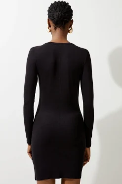Robe mini en jersey côtelé de viscose luxueuse à col rond plongeant