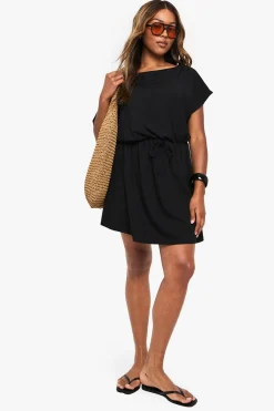 Robe mini en jersey côtelé à épaules dénudées et à taille nouée Plus