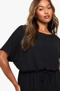 Robe mini en jersey côtelé à épaules dénudées et à taille nouée Plus