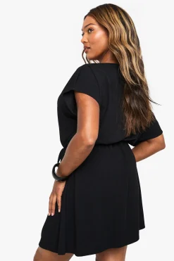 Robe mini en jersey côtelé à épaules dénudées et à taille nouée Plus