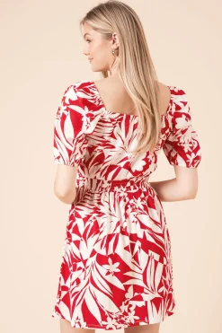 Robe Mini en Jersey à Imprimé Palmiers avec Manches Bouffantes et Buste Froncé