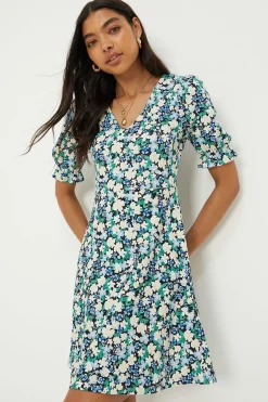 Robe Mini en Jersey à Manches Courtes et Col V Motif Floral