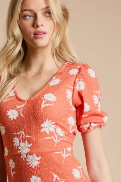 Robe Mini En Jersey À Manches Courtes, Col V Et Imprimé Marguerites