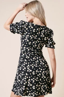 Robe Mini en Jersey à Manches Courtes et Col V Motif Marguerites