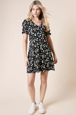 Robe Mini en Jersey à Manches Courtes et Col V Motif Marguerites