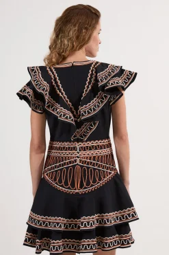 Robe mini en lin de coton brodé tissé à décolleté plongeant
