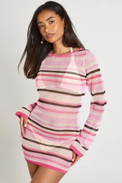 Robe Mini En Maille Crochet Rayée Pour La Plage