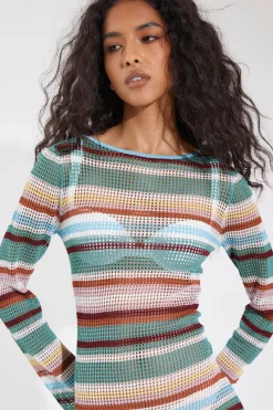 Robe Mini En Maille Crochet À Rayures De Plage