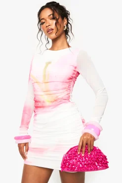 boohoo Robe mini en maille florale froncée<Femme Robes Moulantes|Robes À Manches Longues