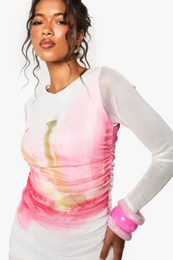 boohoo Robe mini en maille florale froncée<Femme Robes Moulantes|Robes À Manches Longues