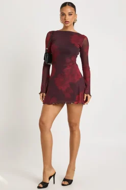 Robe mini en maille imprimée à motifs floraux flous avec manches évasées