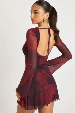 Robe mini en maille imprimée à motifs floraux flous avec manches évasées