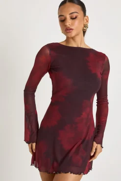 Robe mini en maille imprimée à motifs floraux flous avec manches évasées