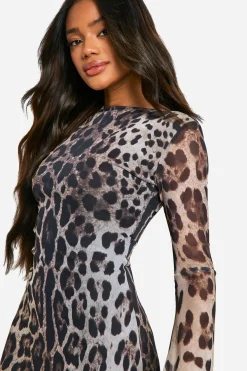 Robe Mini en Maille à Manches Flare Léopard