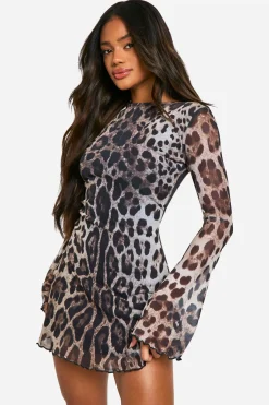 Robe Mini en Maille à Manches Flare Léopard