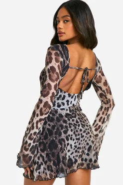 Robe Mini en Maille à Manches Flare Léopard