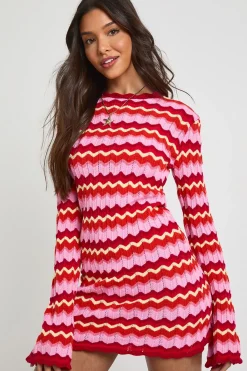 boohoo Robe Mini En Maille À Rayures Et Manches Longues<Femme Robes À Manches Longues|Robes